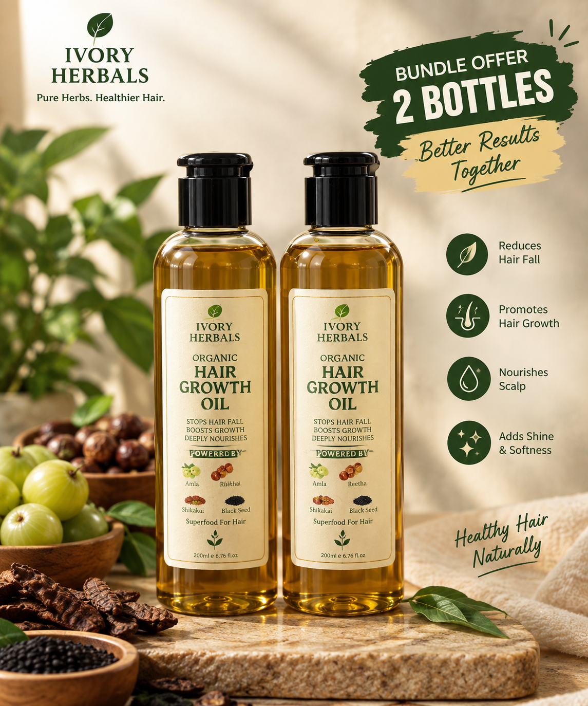 Ivory Herbals Organic Hair Growth Oil – 2 Bottle Bundle | Herbal Hair Oil for Hair Fall & Growth